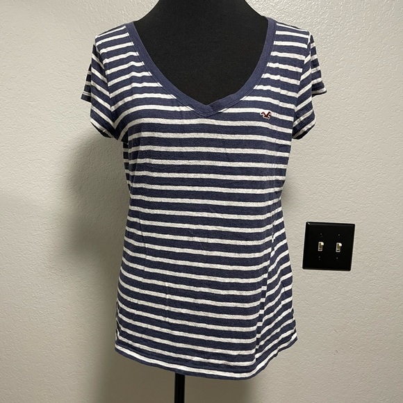 Hollister Blue & White Stripe VNeck Short Sleeve Top Large - Picture 1 of 6